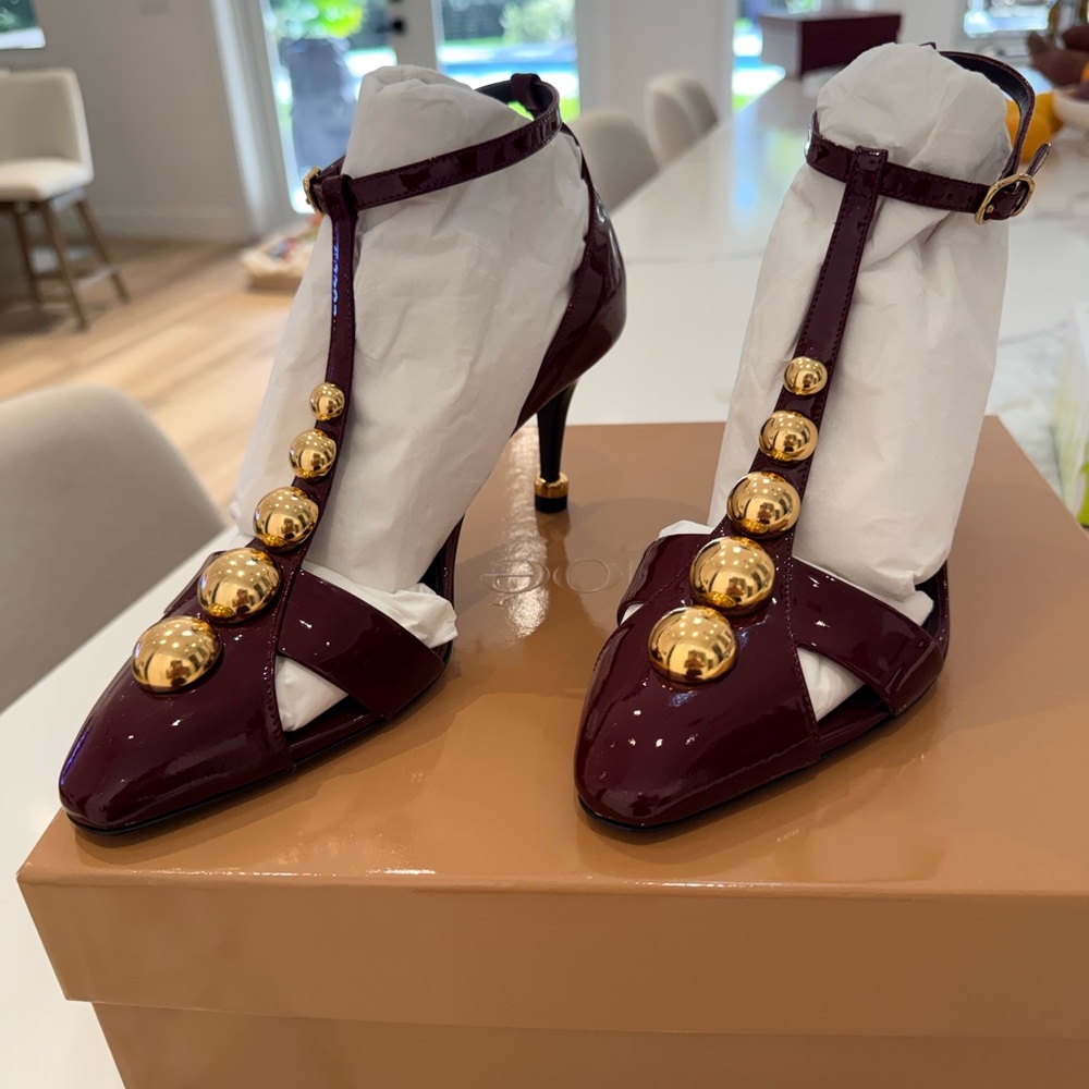 Chloe Clea Elegant Burgundy Heels with Gold Accents